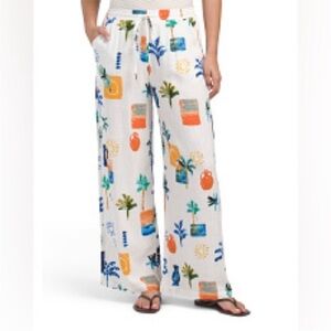 Label of Love Anthropologie Tropical Print Linen Blend Wide Leg Crop Pants Sz M
